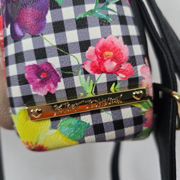 Betsey Johnson Mini Backpack Kitsch Check Floral Colorful 8" x 8" x 3" - Picture 2 of 14